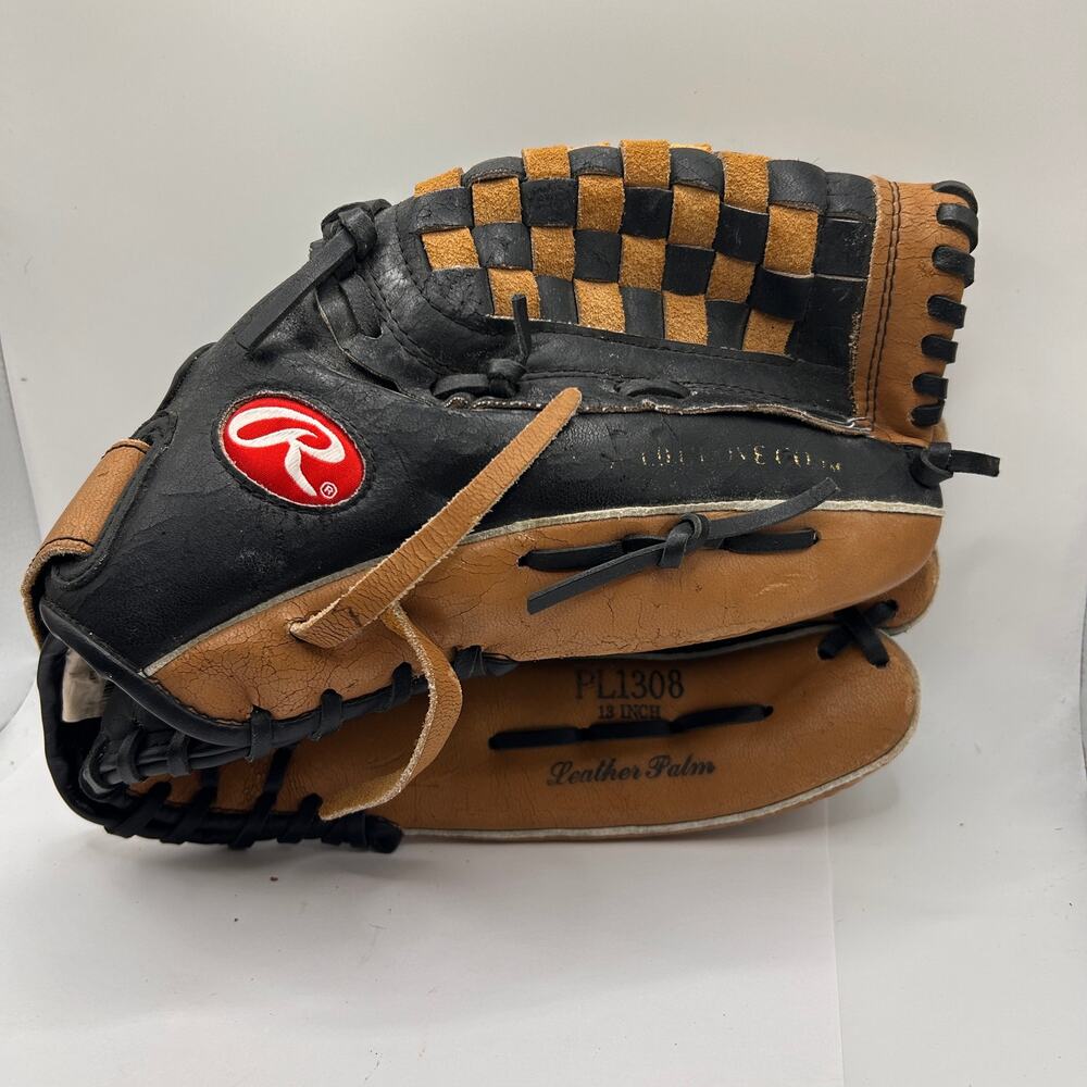 Rawlings PL1308 13" Leather Baseball Softball Glove Black Tan Adjustable 13 inch